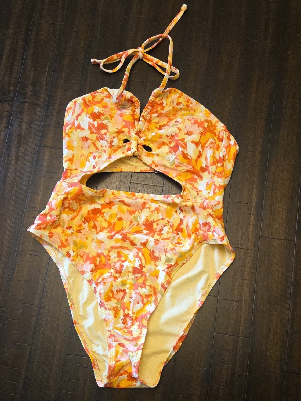 Orange Floral Cutout One-Piece Swimsuit